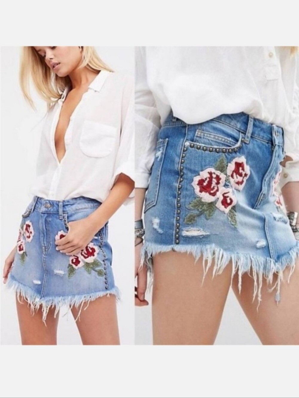 Free People Denim Mini Skirt Wild Rose Embroidered Size 24 Waist Festival EUC - Picture 2 of 13